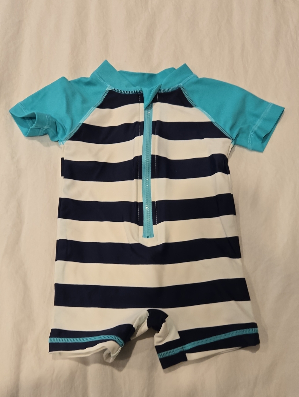 Baby Short-Sleeve One-Piece Swimsuit - Navy Stripe with Aqua 3-6 MO